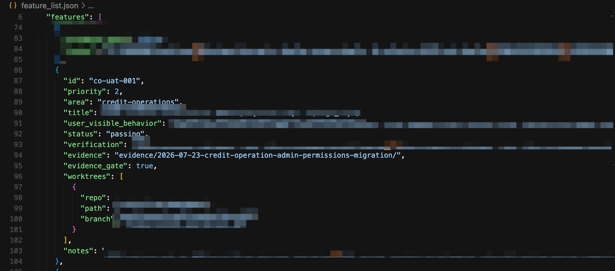Feature list with status and evidence